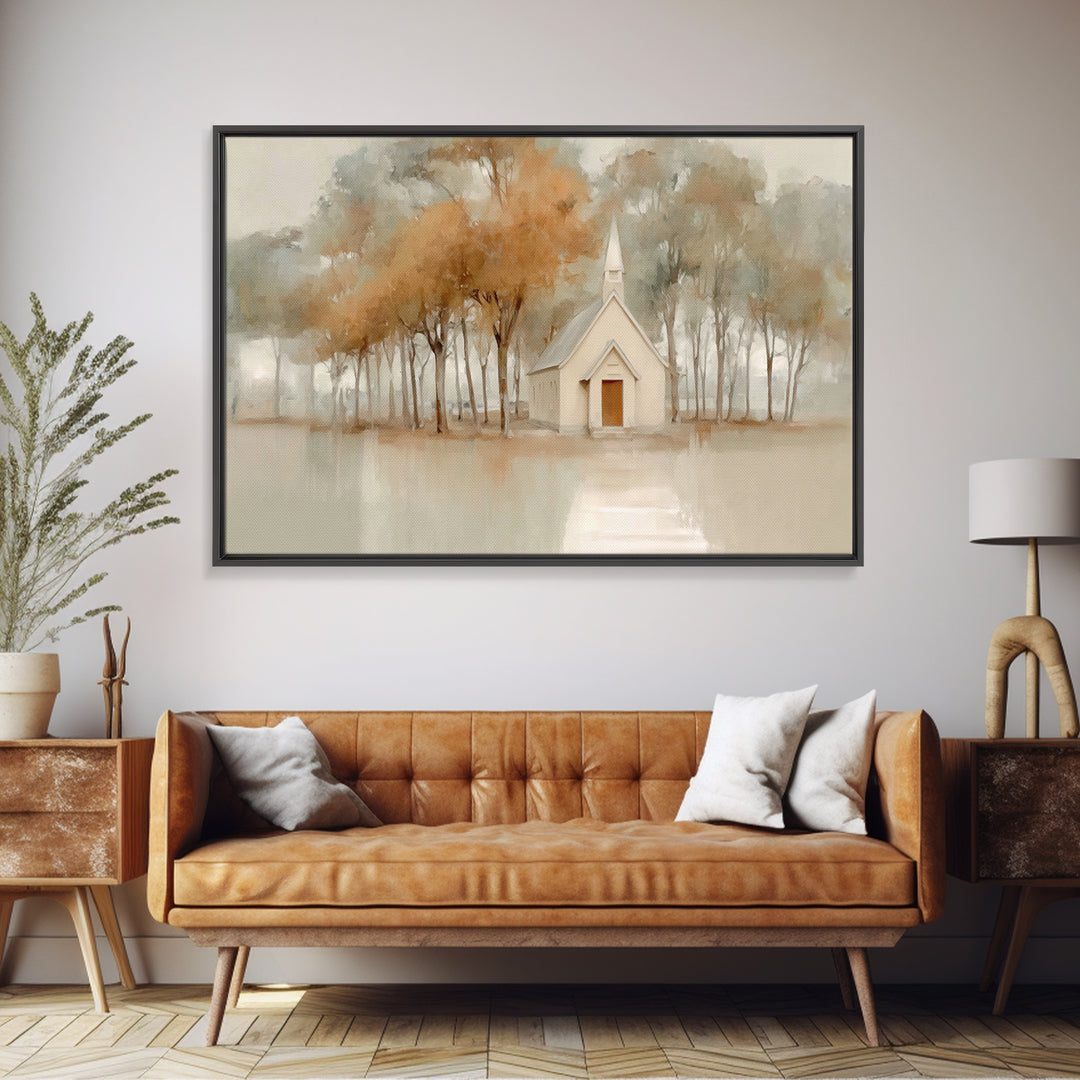 Evening Chapel Glow, Framed Canvas Print, Christian Wall Art, Christian Art Canvas, Moody Christmas Art, Christian Christmas Decor, Christi