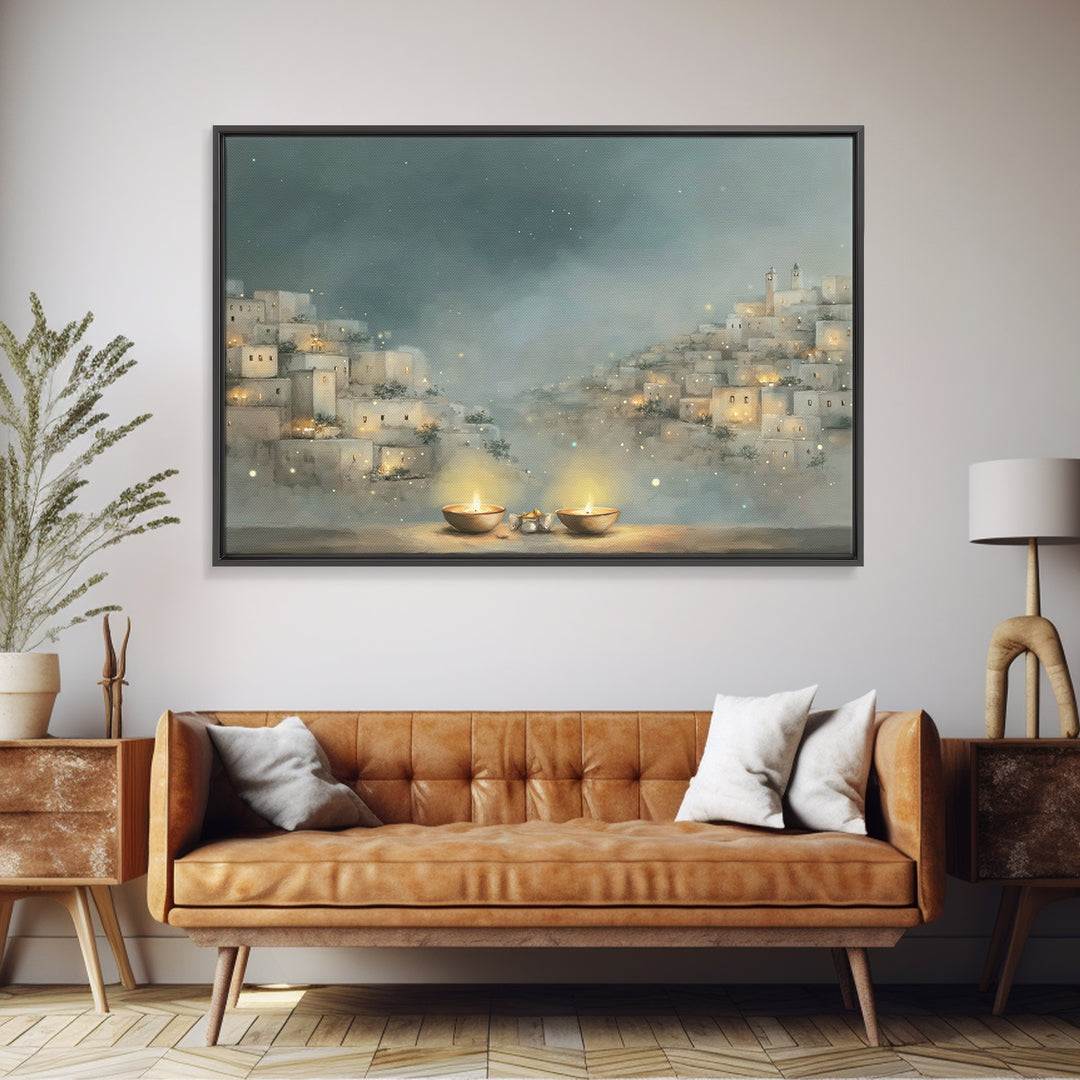 City Of Lights, Framed Canvas Print, Christmas Wall Art, Christian Christmas Art, Christian Decor For Home, Christian Art Print, Christian