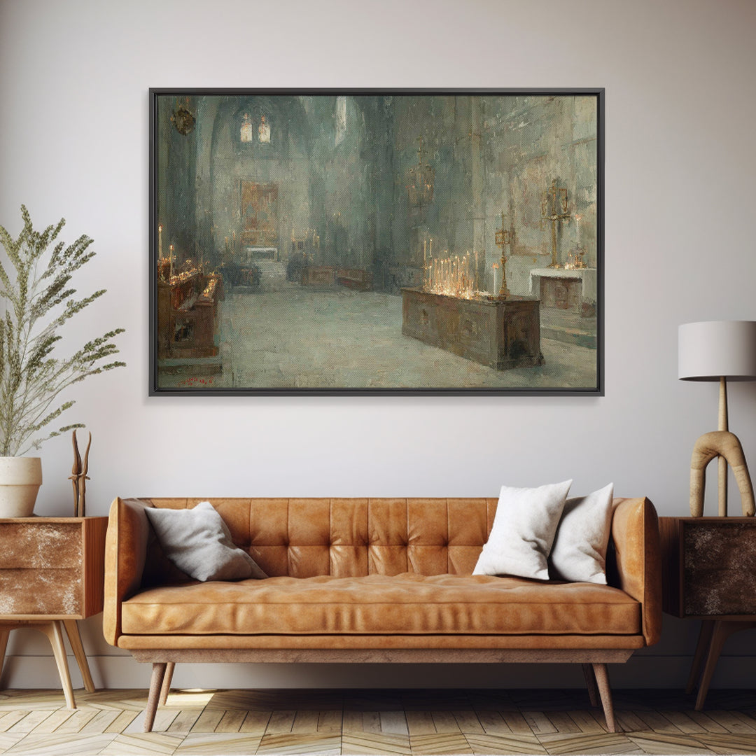 Sanctuary Of Candles, Framed Canvas Print, Christian Wall Art, Christian Art Canvas, Vintage Christian Art, Moody Christian Art, Christian
