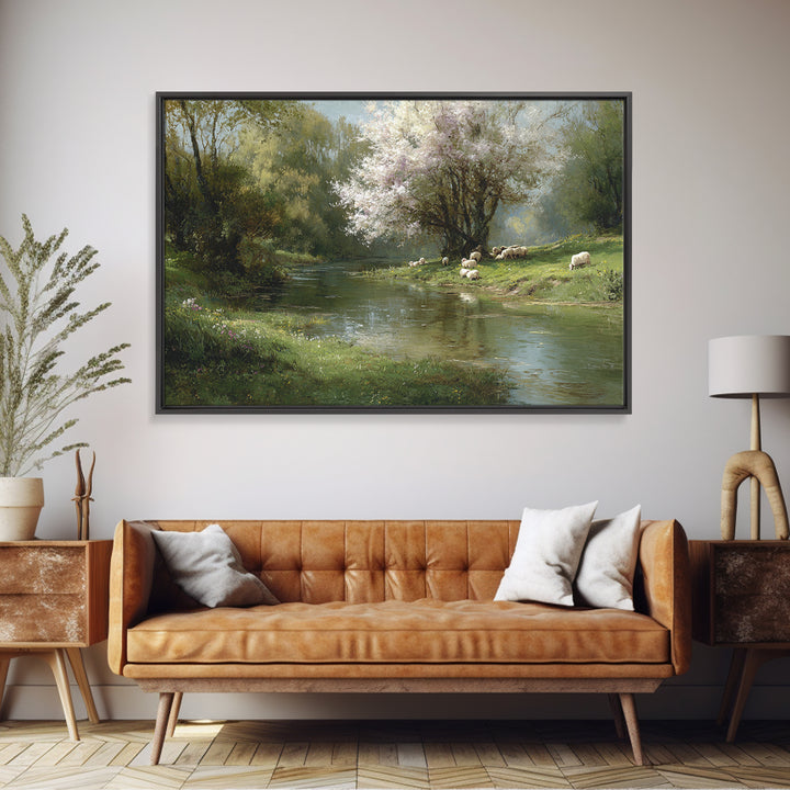 Spring Pasture Peace – Framed Canvas Print – Christian Wall Art – Christian Art Canvas – Pastoral Scenery – Christian Painting – Christian