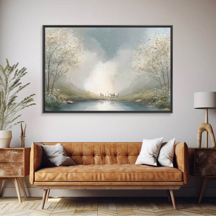 Riverside Dawn Peace – Framed Canvas Print – Christian Wall Art – Christian Art Canvas – Pastoral Scenery – Christian Art Prints – Christia
