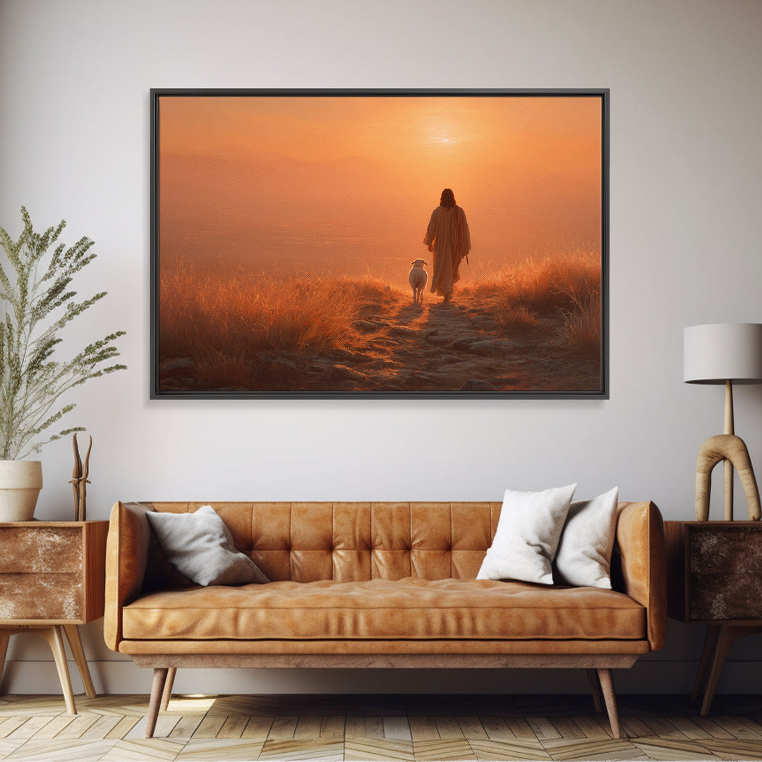 Sunset Shepherd Peace – Framed Canvas Print – Christian Wall Art – Christian Art Canvas – Pastoral Scenery – Christian Painting – Christian