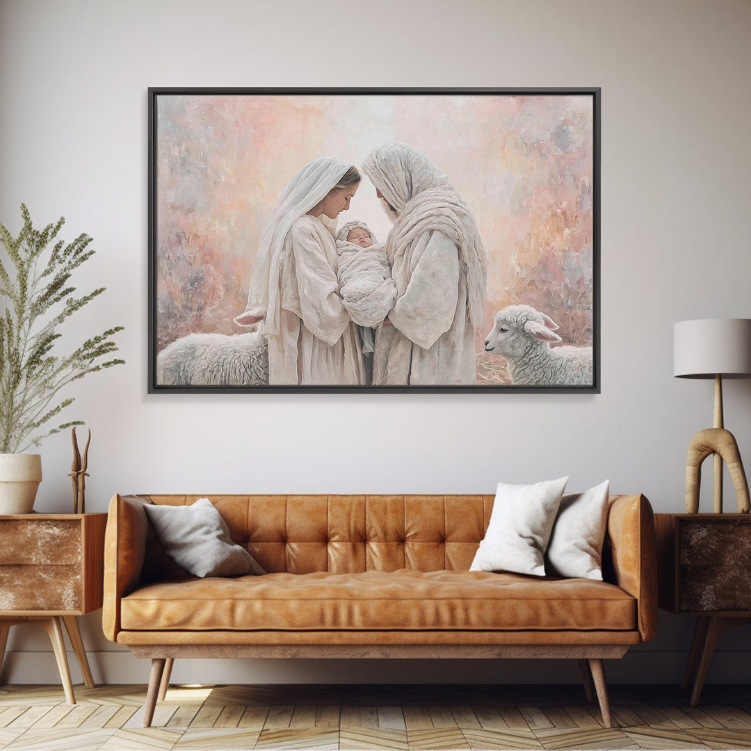Wooden Nativity Glow, Framed Canvas Print, Christian Art Canvas, Christian Wall Art, Jesus Painting, Christian Christmas Art, Christmas Art