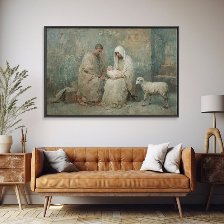 Holy Family Warmth - Framed Canvas Print - Christian Art Canvas - Christmas Art Prints - Christian Wall Art - Jesus Art - Christian Christm
