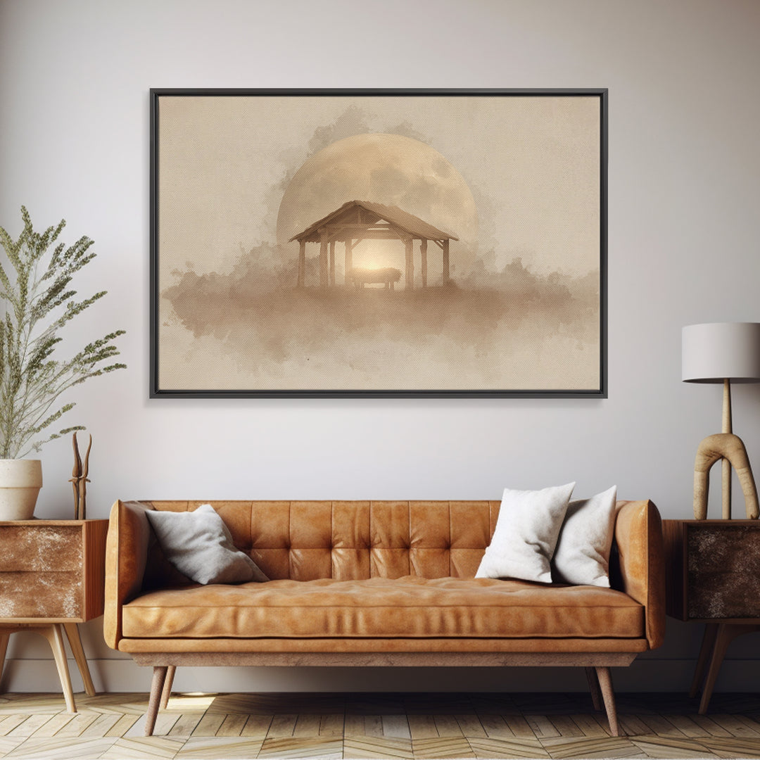 Silent Manger Moon – Framed Canvas Print – Christian Wall Art – Christmas Art Prints – Christian Art Canvas – Christian Christmas Art – Jes