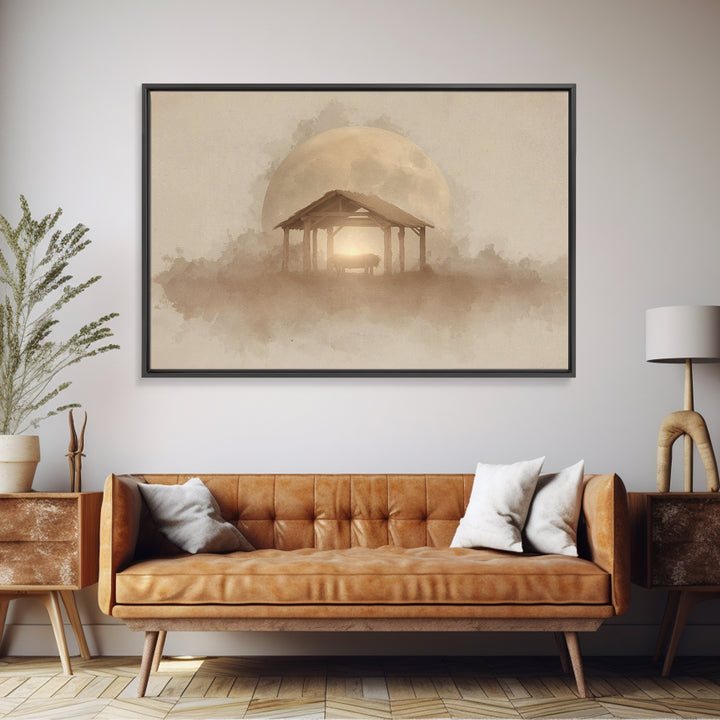 Silent Manger Moon – Framed Canvas Print – Christian Wall Art – Christmas Art Prints – Christian Art Canvas – Christian Christmas Art – Jes
