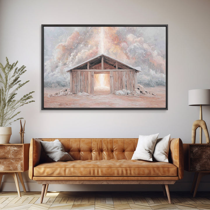 Heaven’s Stable Fire, Framed Canvas Print, Christian Art Canvas, Christian Wall Art, Christian Christmas Art, Christmas Art Prints, Jesus P