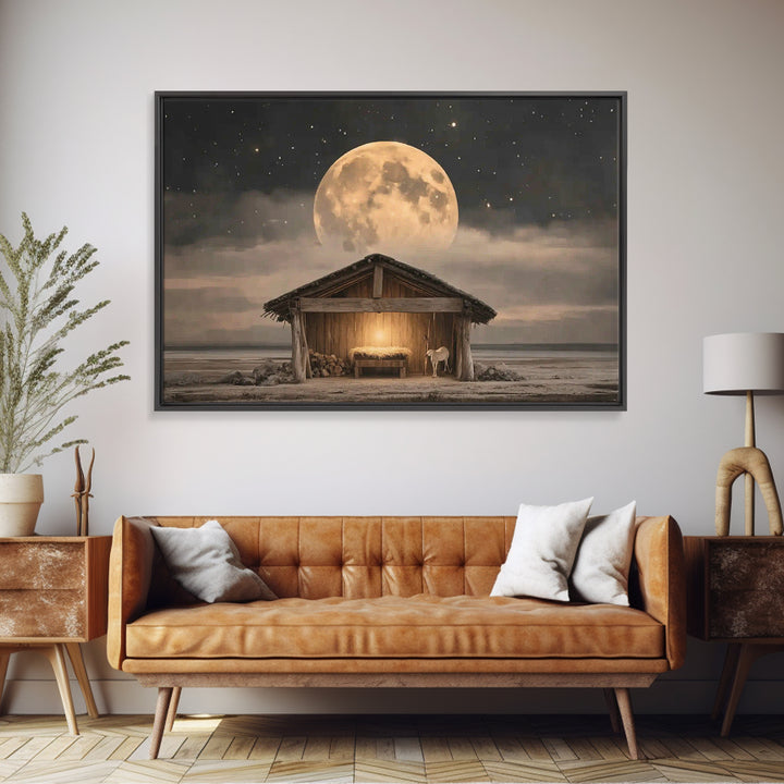 Starlit Holy Shelter, Framed Canvas Print, Christian Christmas Art, Jesus Painting, Christian Wall Art, Christmas Art Prints, Christian Art