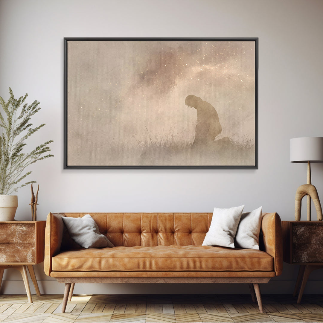 Kneeling Grace – Framed Canvas Print – Christian Art Canvas – Christian Wall Art – Minimalist Christian Art – Christian Gift – Jesus Painti