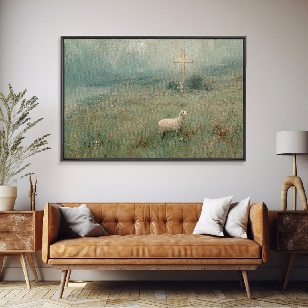 Hillside Lamb Hope – Framed Canvas Print – Christian Christmas Art – Christian Wall Art – Jesus Painting – Christian Art Canvas – Vintage C