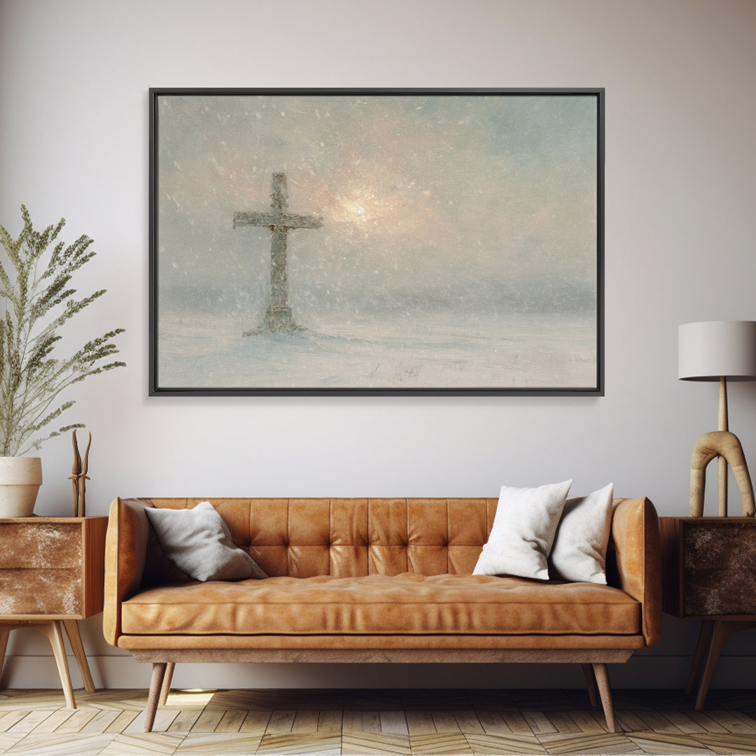 Silent Cross Snow – Framed Canvas Print – Christian Christmas Art – Christian Art Canvas – Christian Wall Art – Subtle Christian Art – Chri