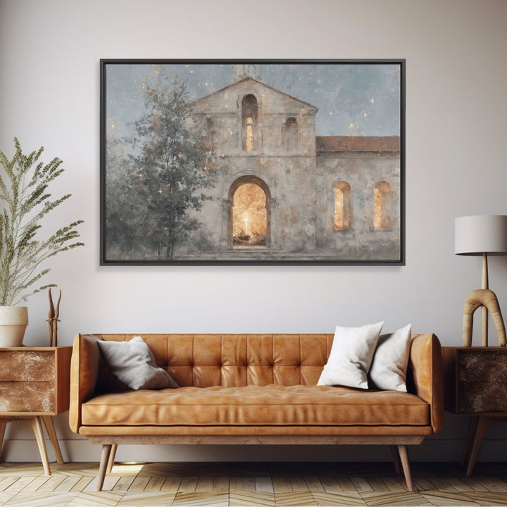 Starry Chapel Glow – Framed Canvas Print – Christian Wall Art – Christian Art Canvas – Christmas Art – Christian Christmas Decor – Jesus Ch