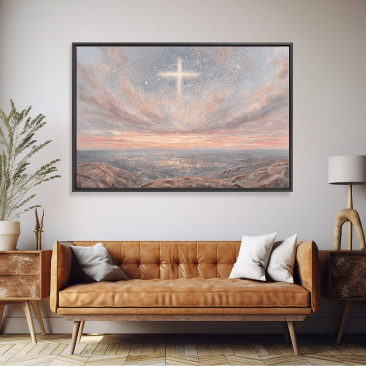 Heaven’s Cross Light – Framed Canvas Print – Christian Wall Art – Christian Art Canvas – Christmas Art – Christian Christmas Art – Subtle C
