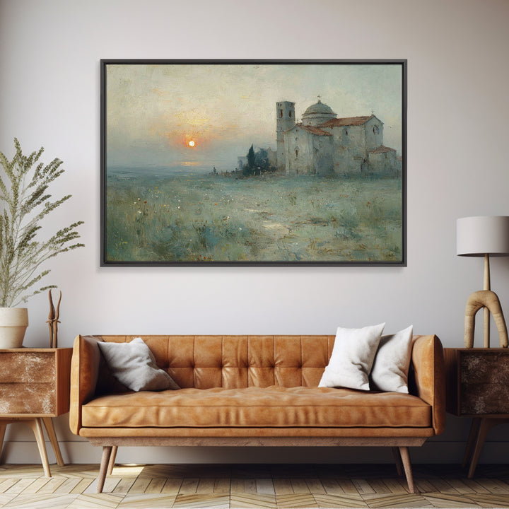 Sunrise By The Chapel – Framed Canvas Print – Christian Wall Art – Christian Art Canvas – Vintage Christian Art – Christian Art Prints – Ch