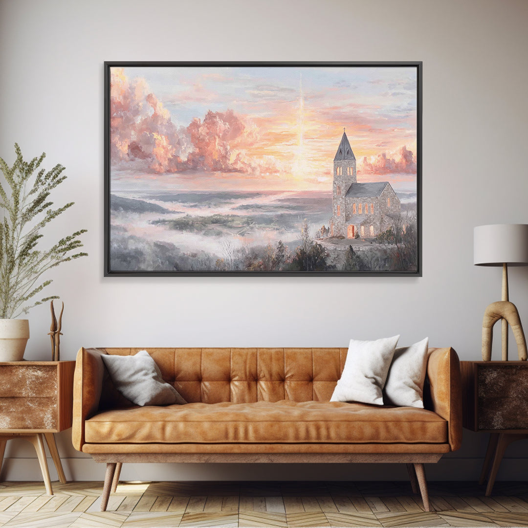 Dawn Over The Steeple, Framed Canvas Print, Christian Wall Art, Christian Art Canvas, Christian Art, Christian Decorations, Christian Gift