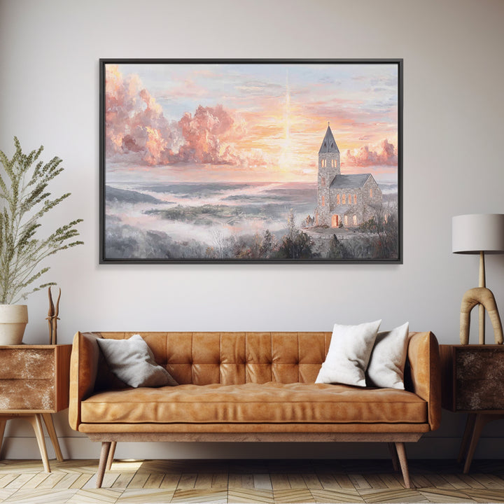 Dawn Over The Steeple, Framed Canvas Print, Christian Wall Art, Christian Art Canvas, Christian Art, Christian Decorations, Christian Gift