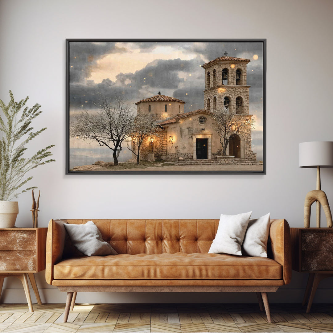 Stone Chapel Glow | Framed Canvas Print | Christian Wall Art | Christian Art Canvas | Vintage Christian Art | Christmas Art | Christian Chr