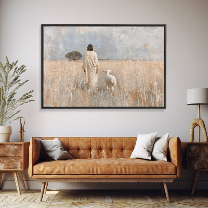 Gentle Shepherd Dawn - Framed Canvas Print - Christian Wall Art - Jesus Painting - Christian Art Canvas - Christian Decor - Pastoral Scener