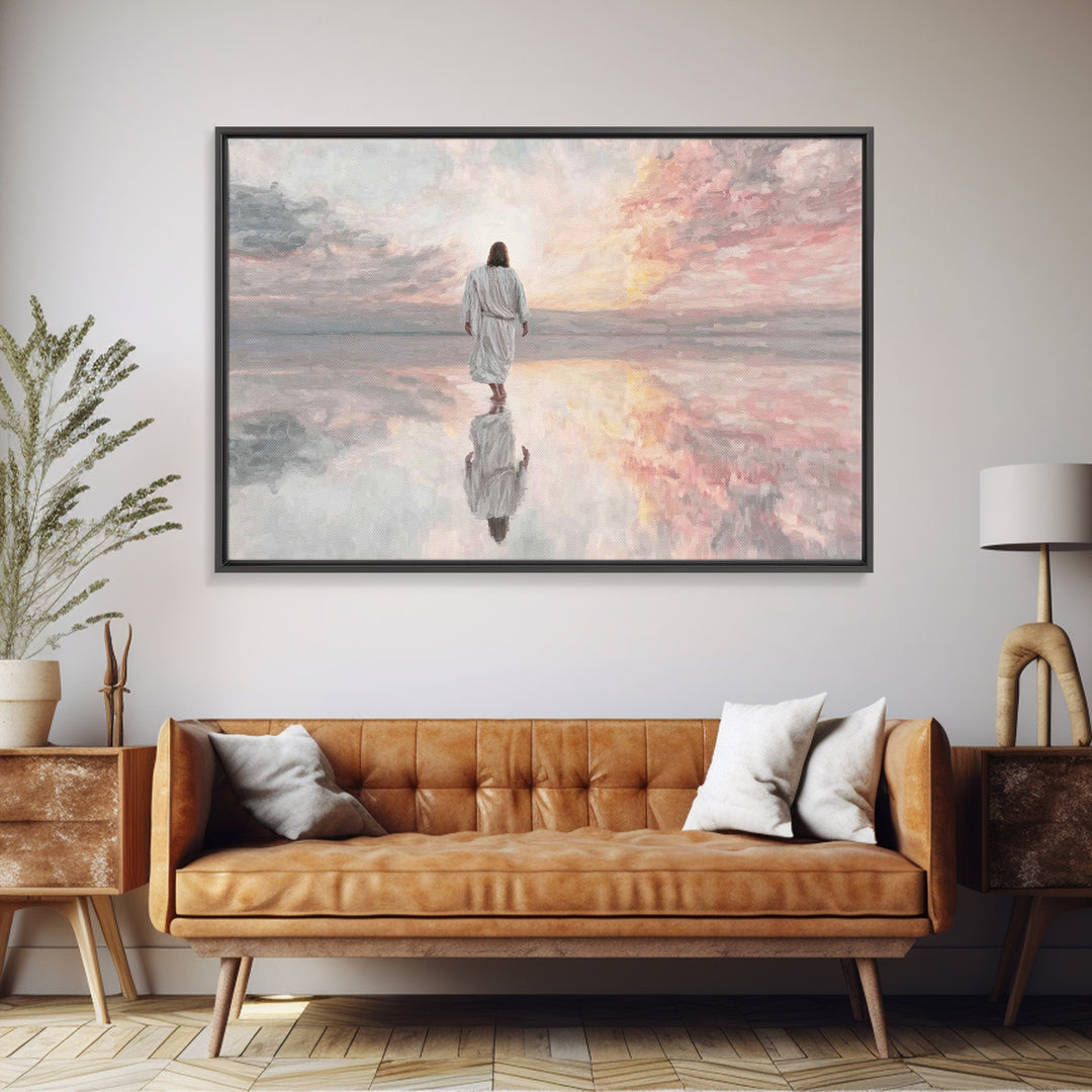 Heavenly Shore Walk - Framed Canvas Print - Christian Art Canvas - Christian Wall Art - Jesus Painting - Christian Gift Ideas - Modern Chri