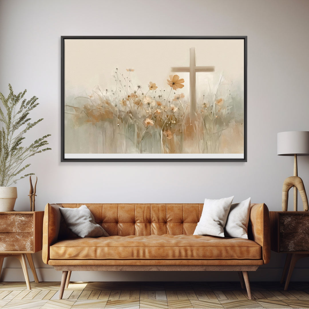 Meadow Cross Hope - Framed Canvas Print - Christian Painting - Christian Art Canvas - Minimalist Christian Art - Christian Wall Art