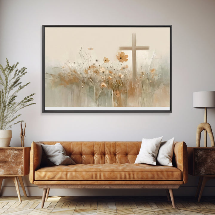 Meadow Cross Hope - Framed Canvas Print - Christian Painting - Christian Art Canvas - Minimalist Christian Art - Christian Wall Art