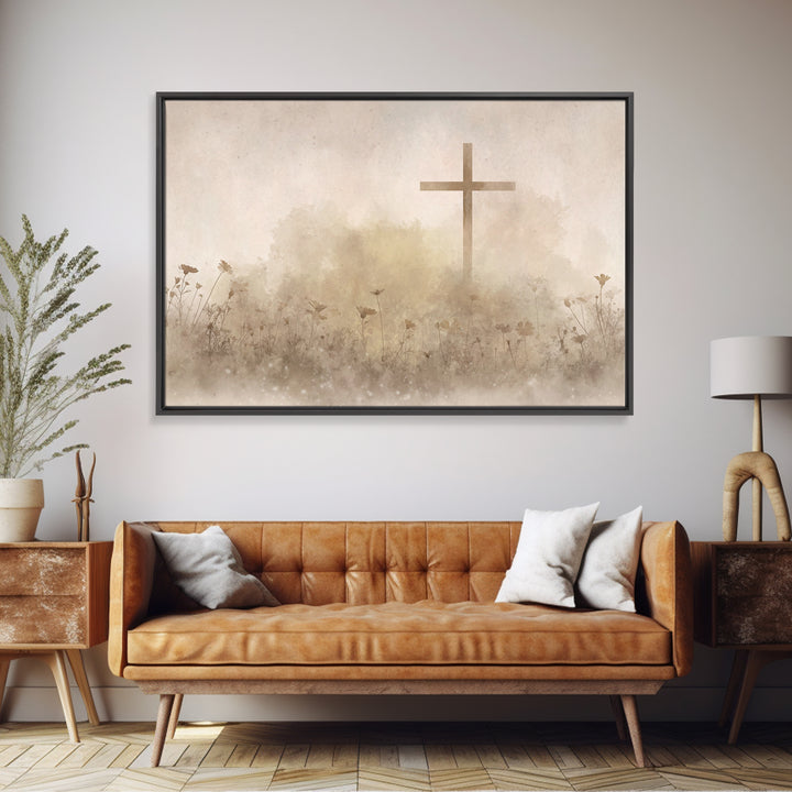 Desert Bloom Cross - Framed Canvas Print - Minimalist Christian Art - Christian Art Canvas - Christian Wall Art - Christian Painting