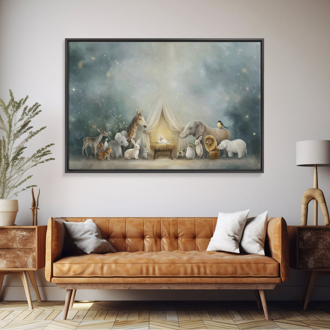 Gentle Night Glow, Framed Canvas Print, Christian Wall Art, Christian Christmas Art, Christian Art Canvas, Christmas Art Prints