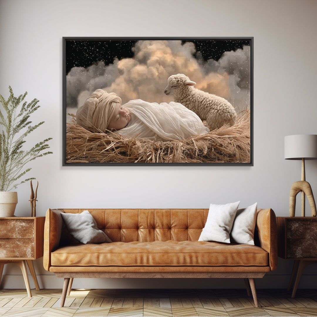 Starry Manger Peace, Framed Canvas Print, Christian Christmas Art, Christian Art Canvas, Christian Wall Art, Moody Christmas Art