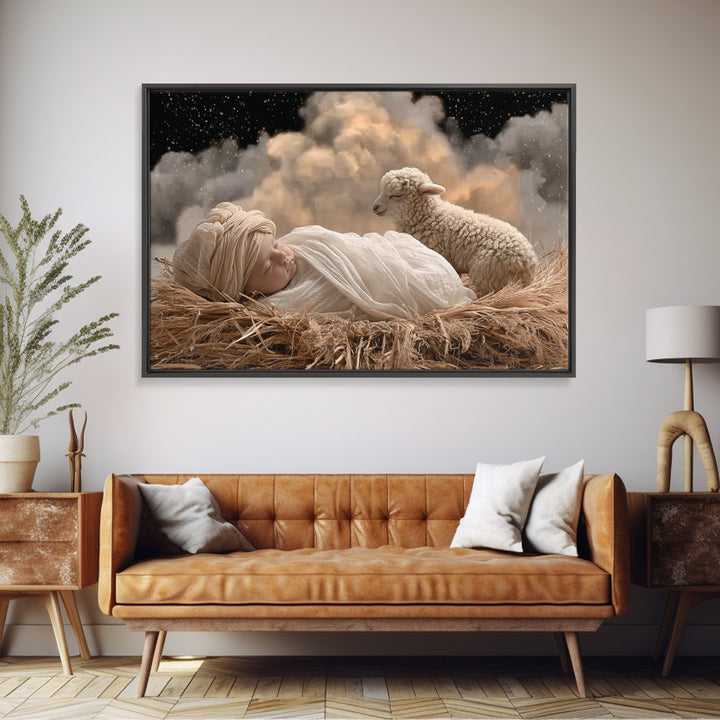 Starry Manger Peace, Framed Canvas Print, Christian Christmas Art, Christian Art Canvas, Christian Wall Art, Moody Christmas Art