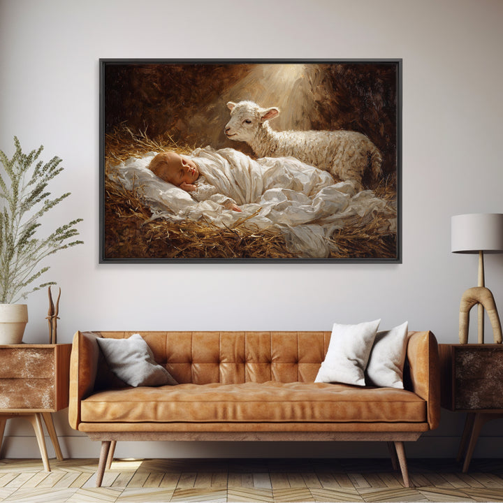 Silent Straw Blessing | Framed Canvas Print | Christian Art Canvas | Christian Christmas Art | Christian Wall Art | Jesus Painting