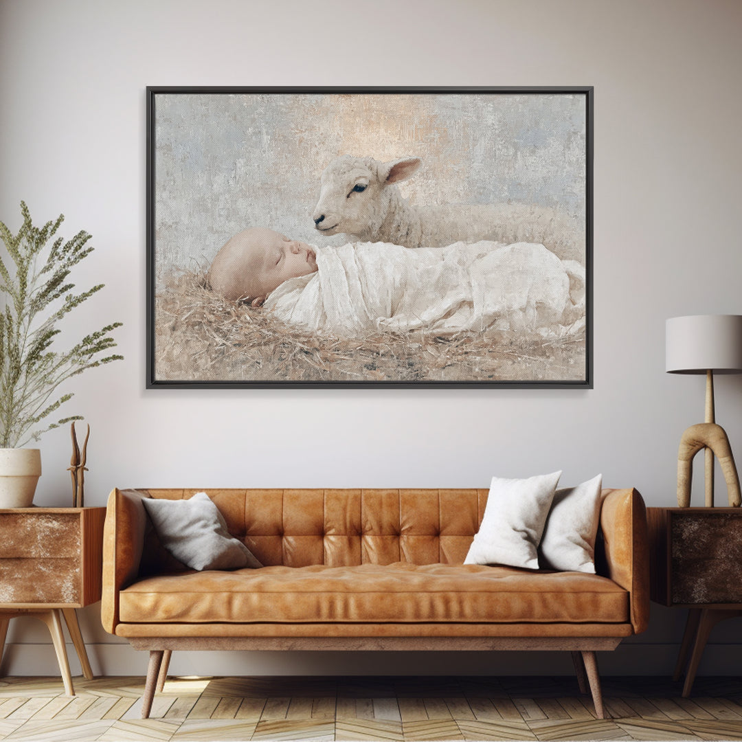 Little Lamb Grace, Framed Canvas Print, Christian Wall Art, Christian Art Canvas, Christmas Art, Christian Painting