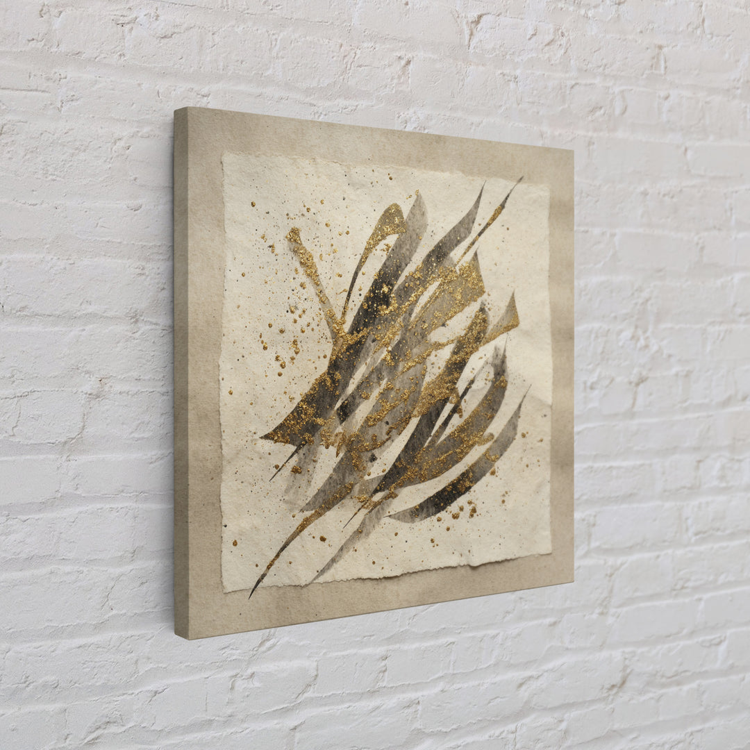 Abstract Gold Calligraphic Strokes on Ivory Paper Canvas Print, Calligraphy Art, Scripture Art, Living Room Decor, Script, CAL-1x1-50