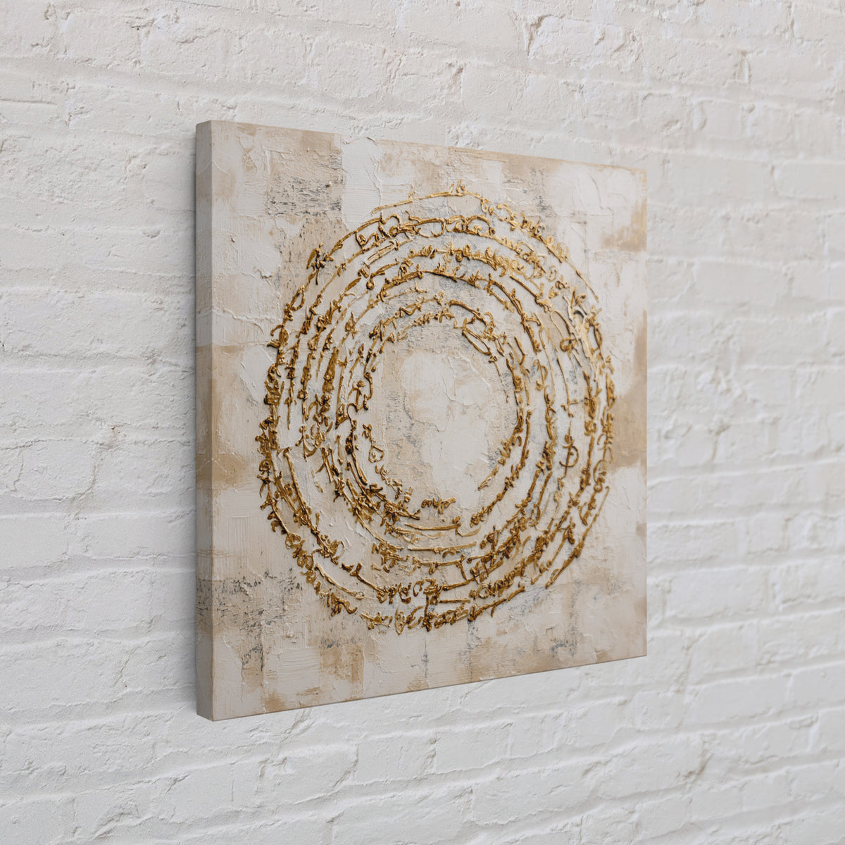 Gold Leaf Calligraphic Spiral on Plaster Surface Canvas Print, Calligraphy Art, Gallery Wall Set, Living Room Decor, Script, CAL-1x1-62