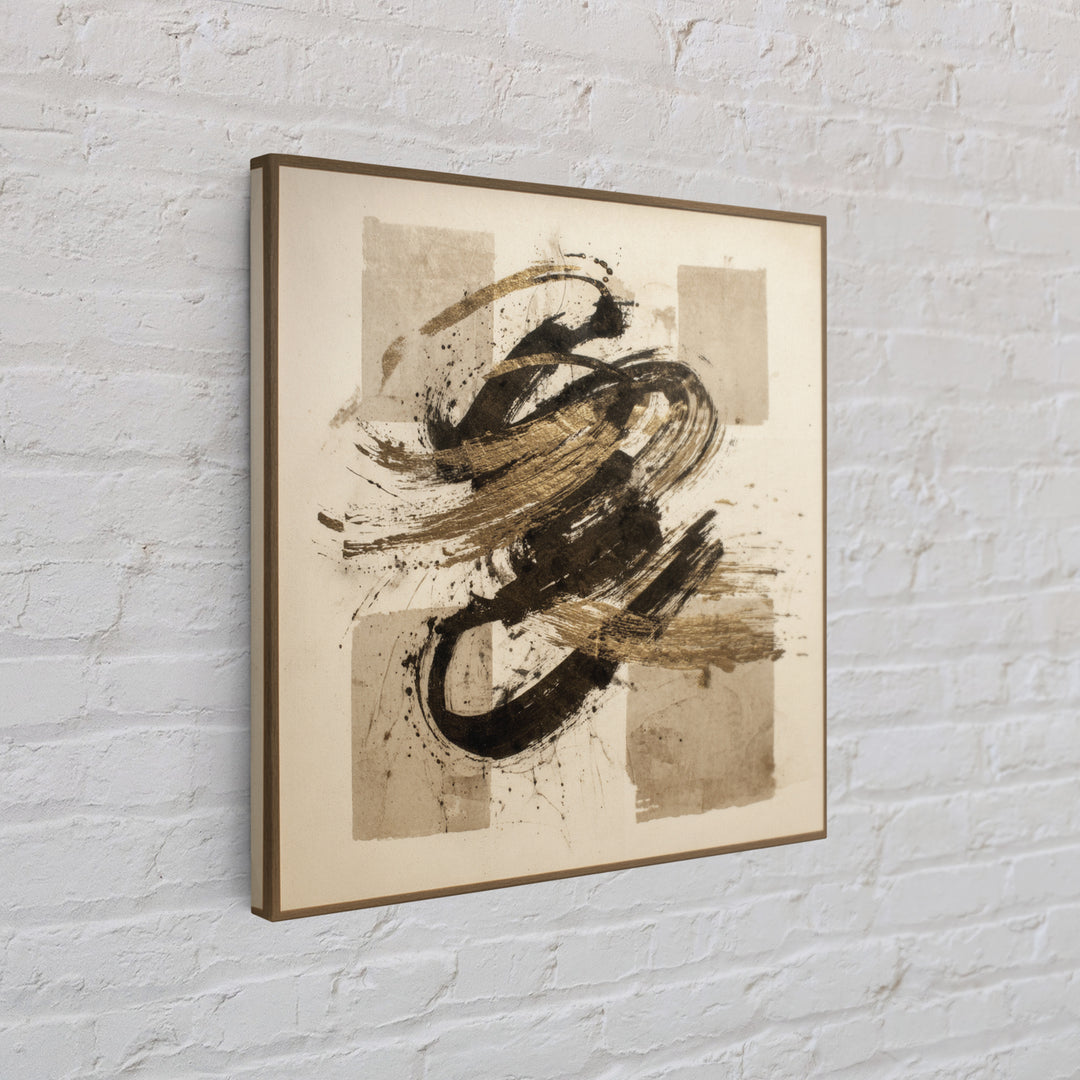 Abstract Gold Calligraphic Strokes on Ivory Paper Canvas Print, Calligraphy Art, Boho Decor, Living Room Decor, Script, CAL-1x1-98