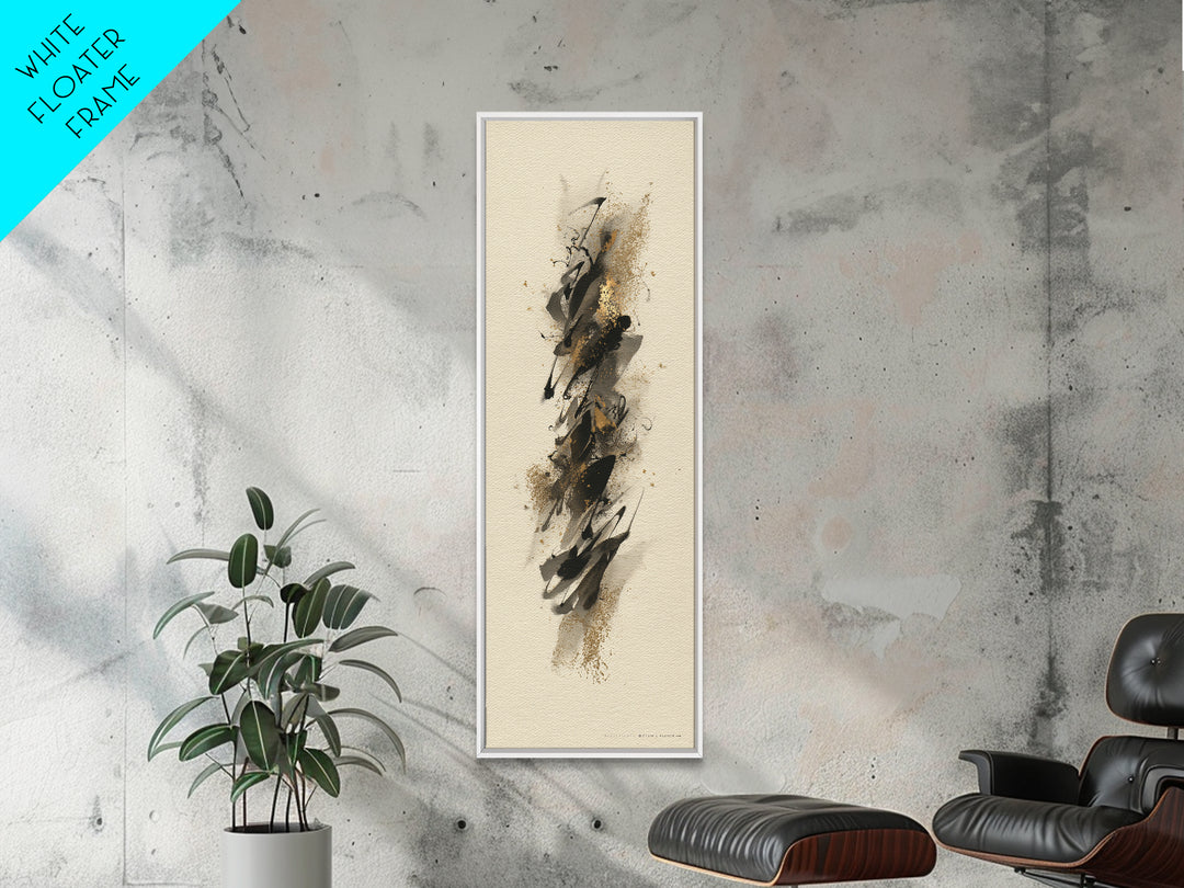 Abstract Gold Calligraphic Strokes on Ivory Paper Canvas Print, Calligraphy Art, Neutral Decor, Living Room Decor, Script, CAL-1x3-62