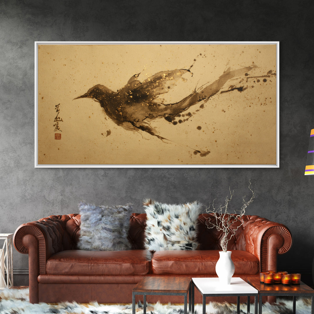 Calligraphic Bird Shape Formed from Flowing Lines Framed Canvas Print, Calligraphy Art, Modern Art, Living Room Decor, Script, CAL-2x1-100