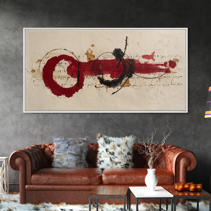 Bold Red Brushstroke Seal Abstraction Framed Canvas Print, Calligraphy Art, Minimalist Decor, Living Room Decor, Script, CAL-2x1-15