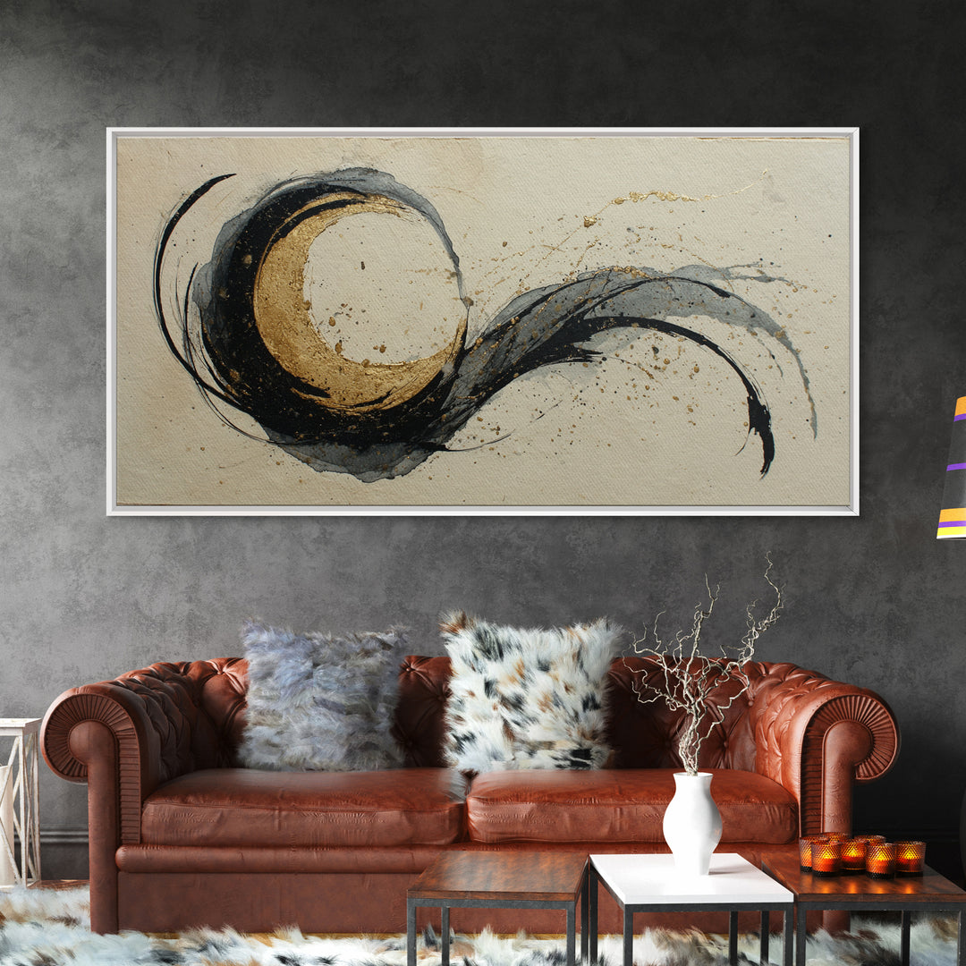 Crescent Moon Made from Elegant Ink Swashes Canvas Print, Calligraphy Art, Contemporary Art, Living Room Decor, Script, CAL-2x1-17