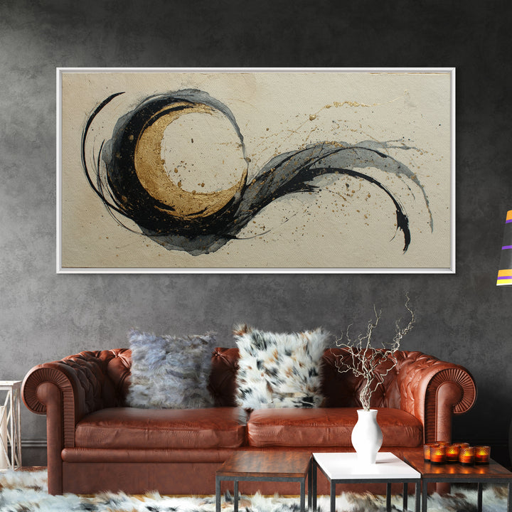 Crescent Moon Made from Elegant Ink Swashes Canvas Print, Calligraphy Art, Contemporary Art, Living Room Decor, Script, CAL-2x1-17