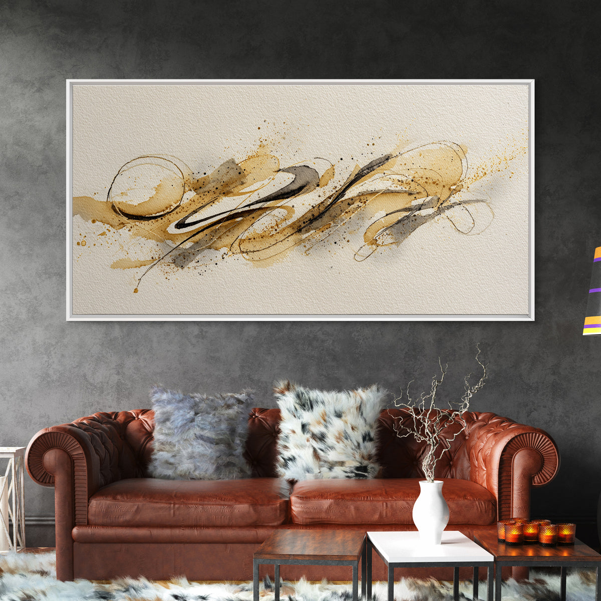 Abstract Gold Calligraphic Strokes on Ivory Paper Canvas Print, Calligraphy Art, Boho Decor, Living Room Decor, Script, CAL-2x1-22