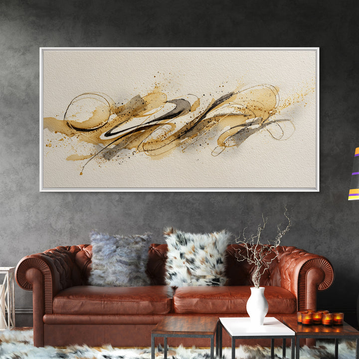 Abstract Gold Calligraphic Strokes on Ivory Paper Canvas Print, Calligraphy Art, Boho Decor, Living Room Decor, Script, CAL-2x1-22