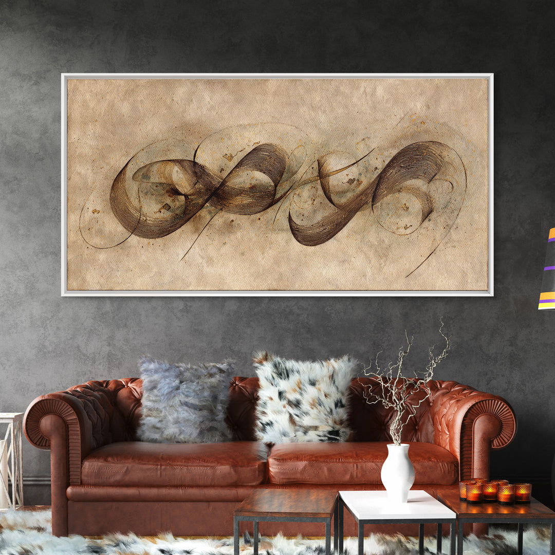 Arabic Ornamental Curves as Non Readable Art Framed Canvas Print, Calligraphy Art, Prints, Living Room Decor, Fine Art, Script, CAL-2x1-23