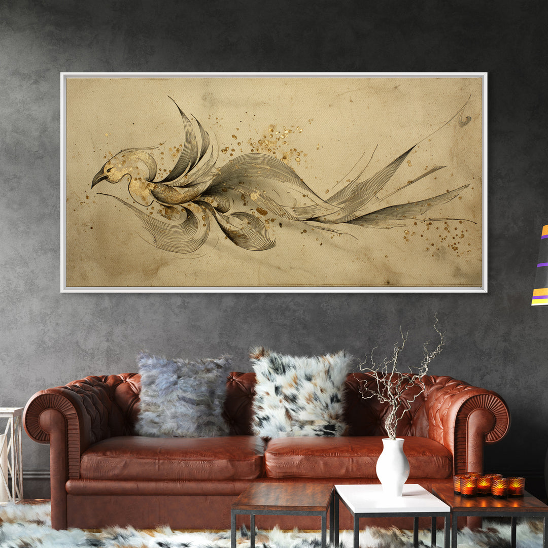 Calligraphic Bird Shape Formed from Flowing Lines Canvas Print, Calligraphy Art, Minimalist Decor, Living Room Decor, Script, CAL-2x1-28