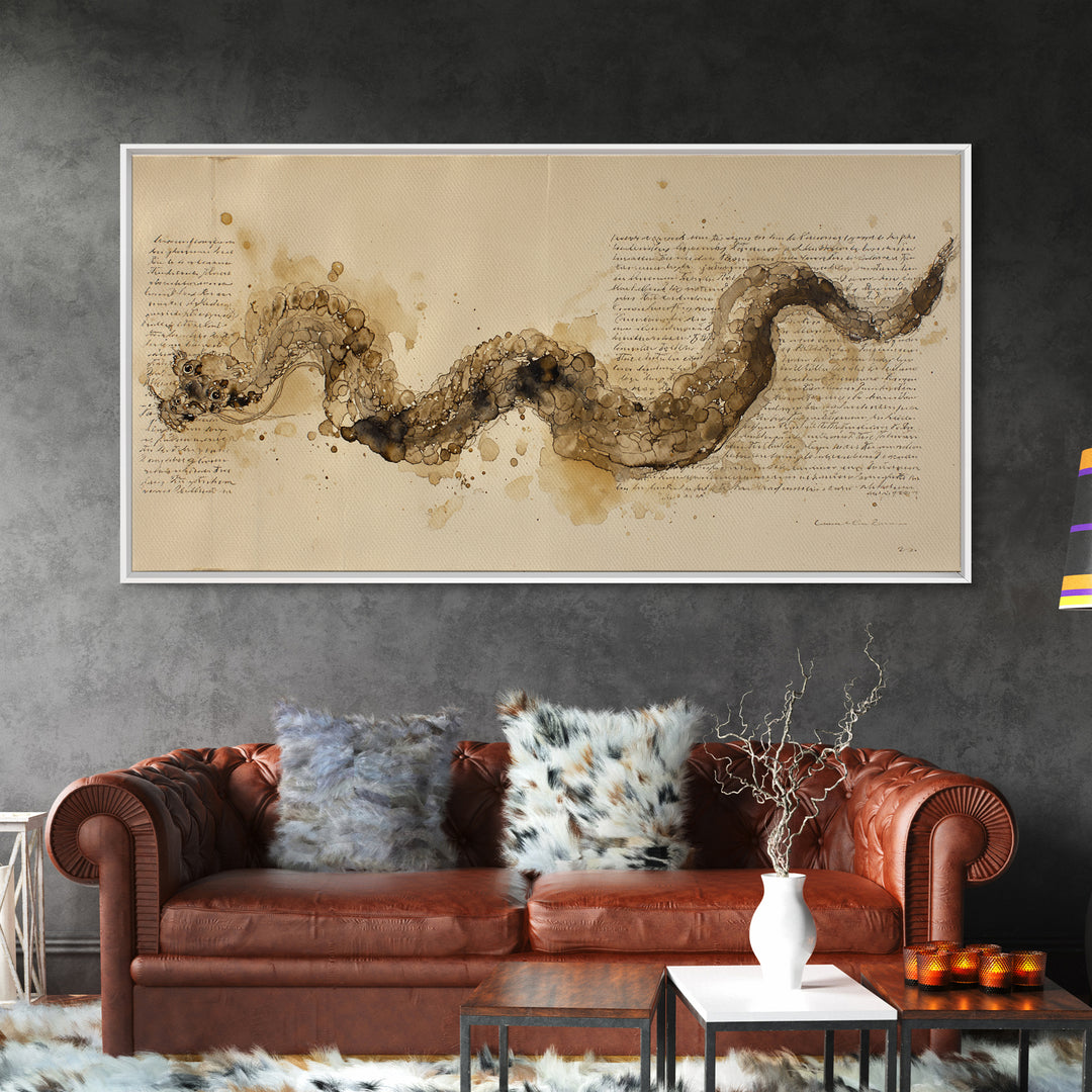 Ink Wash Dragon Curve Framed Canvas Print, Calligraphy Art, Art, Living Room Decor, Fine Art, Script, Unique Wall Art, CAL-2x1-29