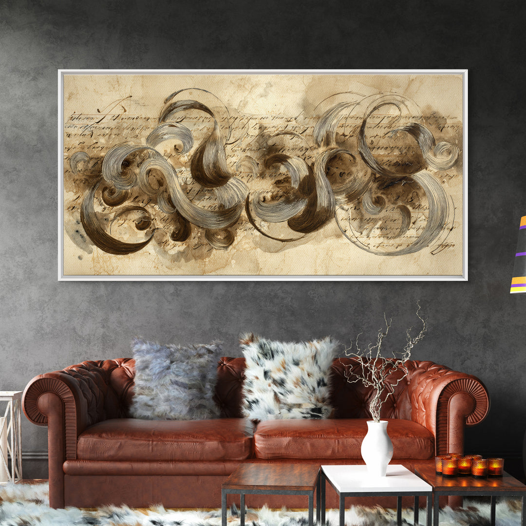 Baroque Scrollwork Made from Looping Pen Strokes Canvas Print, Calligraphy Art, Contemporary Art, Living Room Decor, Script, CAL-2x1-32