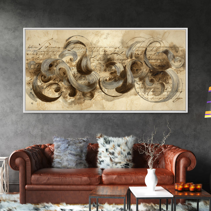 Baroque Scrollwork Made from Looping Pen Strokes Canvas Print, Calligraphy Art, Contemporary Art, Living Room Decor, Script, CAL-2x1-32