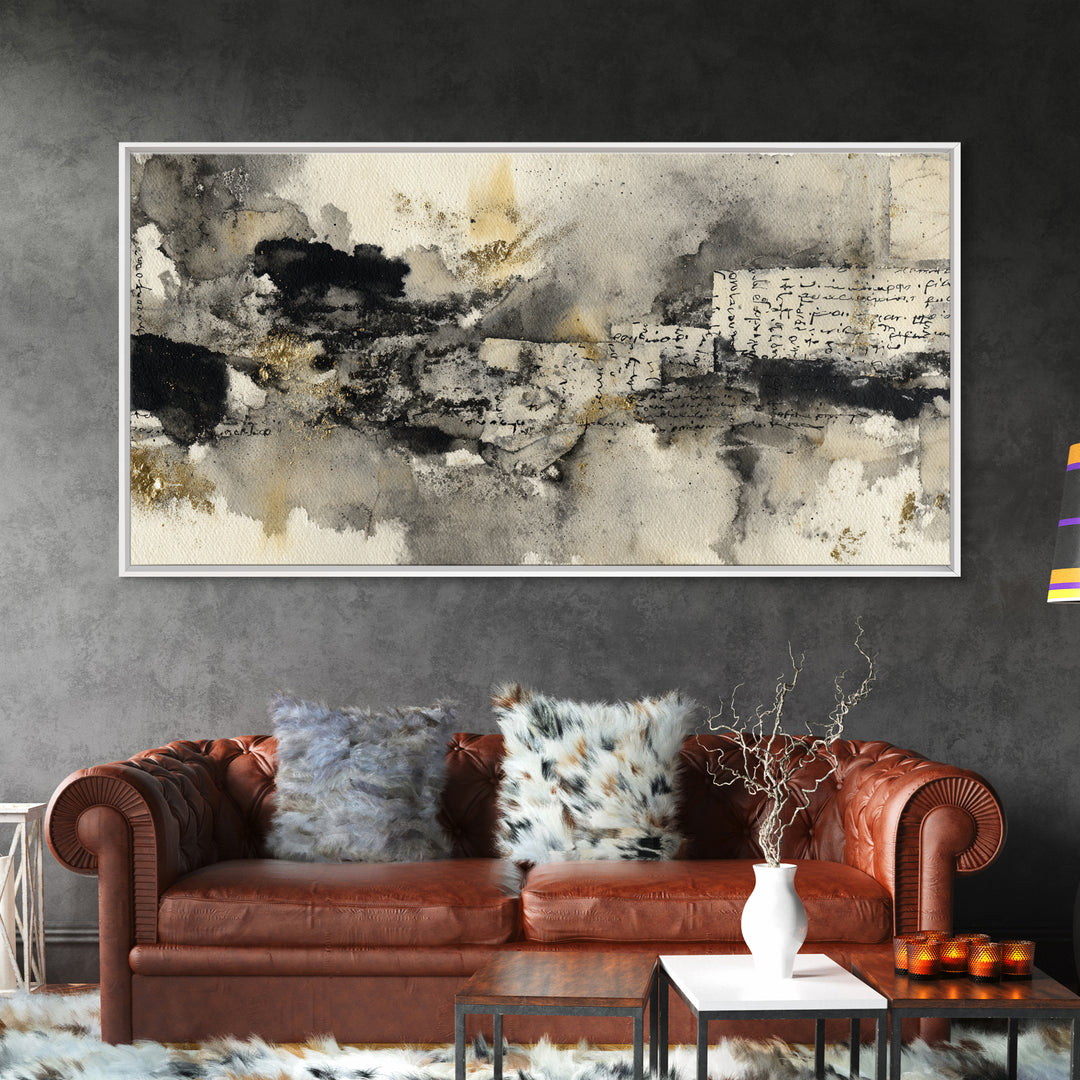 Monochrome Brush Alphabet Fragments as Abstract Texture Canvas Print, Calligraphy Art, Living Room Decor, Script, CAL-2x1-33