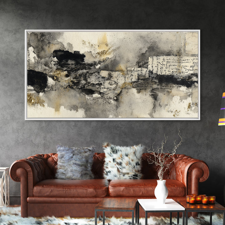 Monochrome Brush Alphabet Fragments as Abstract Texture Canvas Print, Calligraphy Art, Living Room Decor, Script, CAL-2x1-33