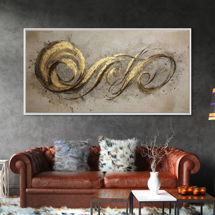 Gold Leaf Calligraphic Spiral on Plaster Surface Canvas Print, Calligraphy Art, Art Print, Living Room Decor, Script, CAL-2x1-34