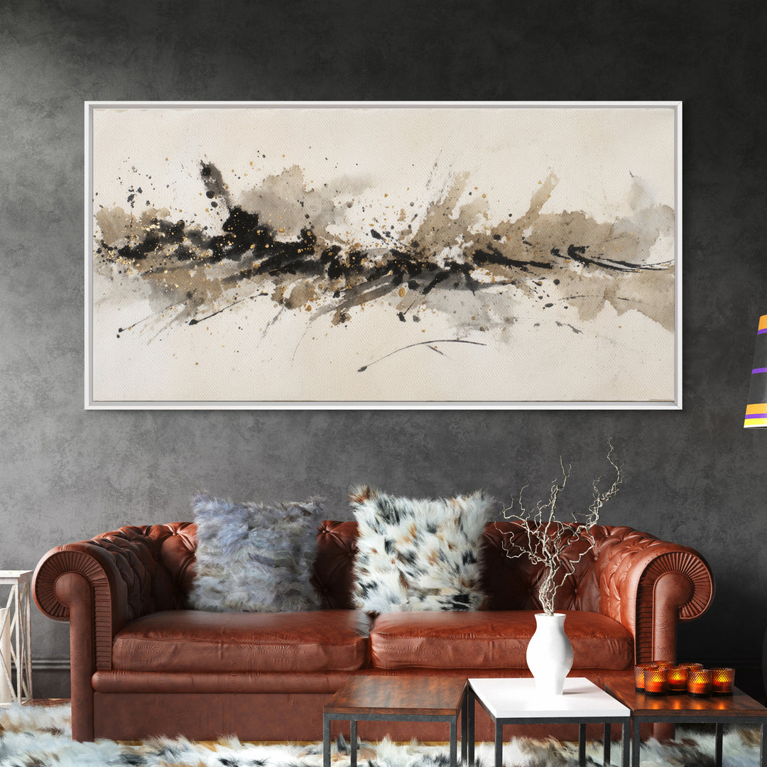 Ink Splatter and Long Brushstroke Composition Canvas Print, Calligraphy Art, Wall Art, Living Room Decor, Fine Art, Script, CAL-2x1-36